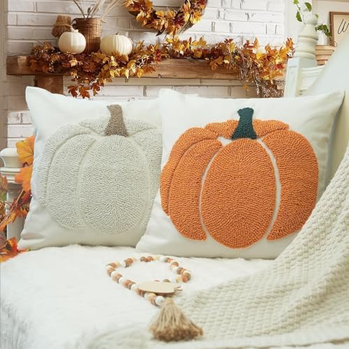 GEEORY Fall Pillow Covers 18x18 inch, Embroidered Pumpkins Throw Pillows Farmhouse Thanksgiving Decor Canvas Cushion Case for Sofa & Bed Home Decorations (Beige) GX001-1-18
