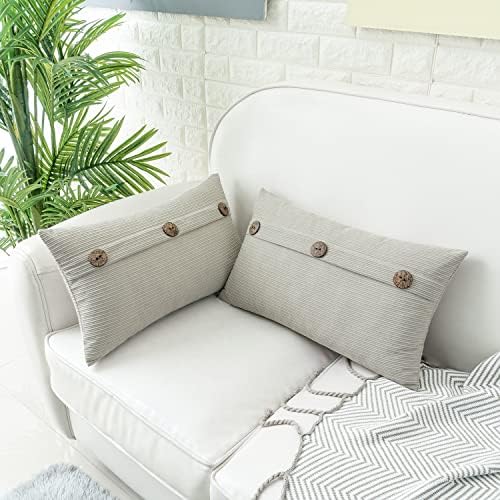 HWY 50 Light Grey Chenille Throw Pillow Covers 12x20 Inch Buttons Pack of 2