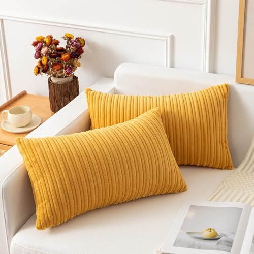 Kevin Textile Striped Corduroy 12”x20” Pillow Covers 2 Pack, Yellow