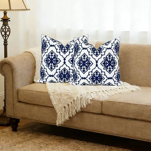 Slow Cow Pack of 2 Canvas Embroidery Decorative Cushion Covers Navy Blue Bohemian Flower Throw Pillow Covers 18 x18 inches