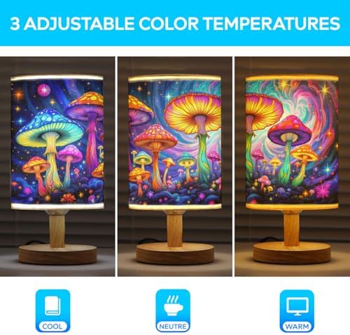 Psychedelic Mushrooms Table Lamp LED 3-Color Pressed Bedside, Psychedelic Mushrooms Shade Lamp with Wood Base for Bedroom Living Room Desk Office TL01