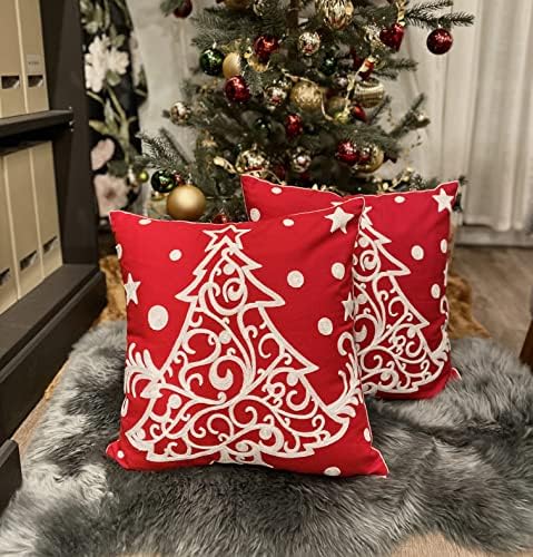 Red Holiday Decor Pillow Covers 18x18 Outdoor Throw Pillowcases Tree Embroidered Cushion for Farmhouse Sofa Office Bed Room Car 2PCS
