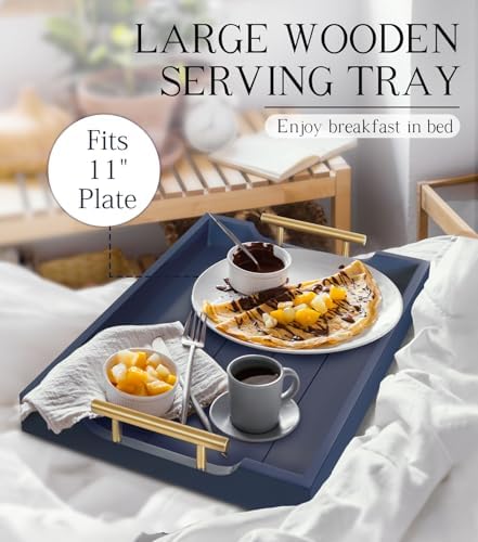 SXNOWS Wooden Serving Tray with 2 Sets of Handles,Navy Blue