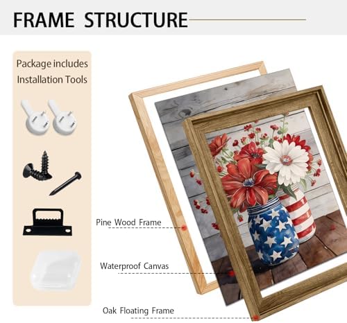 American Flag Framed Canvas Wall Art, 4th of July Patriotic Canvas Prints | Flowers and Stripes Poster Print, Independence Day Wall Decor for Bedroom Living Room Dining Room Office 11×14in