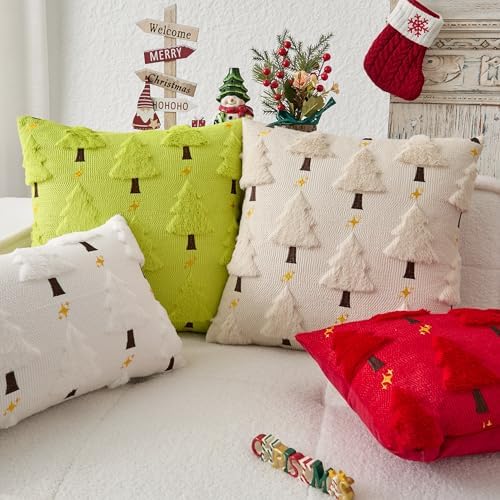 Kevin Textile Christmas Tree Pillow Covers 18x18 Inch Set of 2 Twinkle Golden Star Embroidery Soft Plush Faux Fur Throw Pillowcases for Couch Sofa Holiday Festivals Winter Xmas Gift, Red