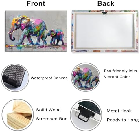 Elephant Canvas Wall Art Elephant with Cub Picture Graffiti Painting Animal Prints Gray Posters Modern Artwork for Living Room Bedroom Bathroom Home Wall Decor Framed(Elephant-15,12.00"x18.00")