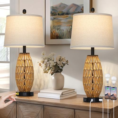 27" Rattan Table Lamps Set of 2, Boho Wicker Lamp with Night Light, Bedside Lamps for Bedroom with USB A+C Charging Port & AC Outlet, Farmhouse Coastal Woven Lamp for Nightstand Living Room