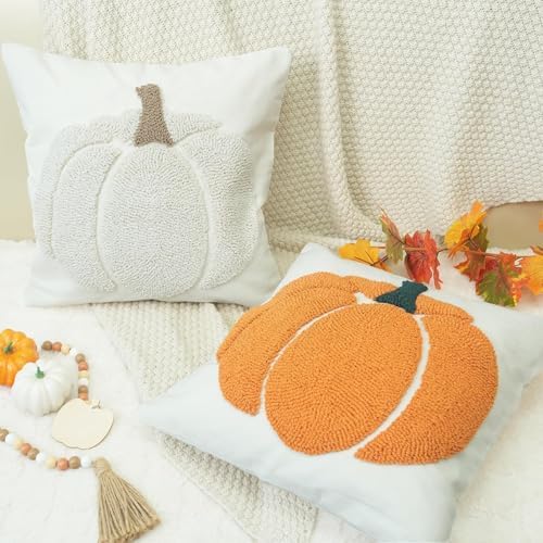 GEEORY Fall Pillow Covers 18x18 inch, Embroidered Pumpkins Throw Pillows Farmhouse Thanksgiving Decor Canvas Cushion Case for Sofa & Bed Home Decorations (Beige) GX001-1-18