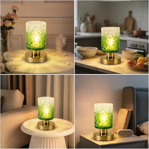 Battery Powered Lamp with Timer, Aesthetic Glass Cordless Lamps, Dimmable Rechargeable Lamp with Remote Control, Small Touch lamp for Bookshelf Desk Bedroom Living Room(Gradient Green)