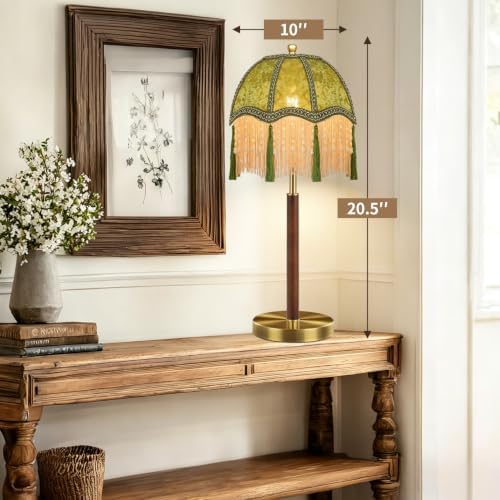 Vintage Table Lamp Dimmable Bedside Lamps With Victorian Fringe,Gold Small Wood Retro Desk Tall Table Light Green Mid Century Modern Nightstand Table Lamp for Bedroom Living Room