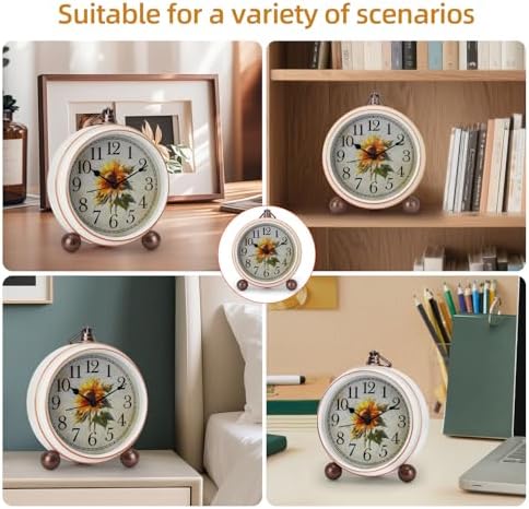 Classic Vintage Table Clock - 5.2in Cute Sunflower Analog Clock, Silent Non-Ticking Desk Clock with Distressed Metal Frame for Office, Living Room or Bedroom (Sunflower)