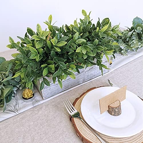 Winlyn Artificial Eucalyptus Plant in Rustic Rectangular Wooden Planter Box Faux Potted Herb Plant Greenery Arrangement for Farmhouse Indoor Wedding Table Centerpiece Mantel Shelf Kitchen Decor