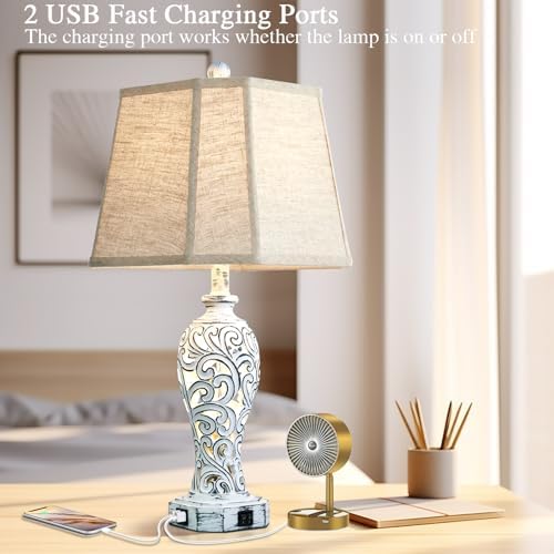 25'' Farmhouse Table Lamps Set of 2 for Living Room with USB C+A