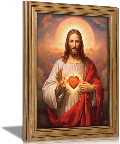 Vintage Gold Framed Jesus Wall Art Sacred Heart of Jesus Christian Canvas Prints Divine Mercy Picture Christ God Portrait Religious Beliefs Painting Poster Artwork for Living Room Bedroom Church