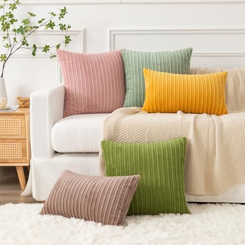 Kevin Textile Striped Corduroy 12”x20” Pillow Covers 2 Pack, Light Brown
