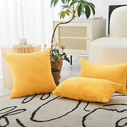 Home Brilliant 12 x 20 Summer Pillow Covers Set of 2 Plush Striped Corduroy Velvet Rectangular Throw Pillow Covers for Chair Couch Decor Lumbar Pillows, 12 x 20 inch, Sunflower Yellow