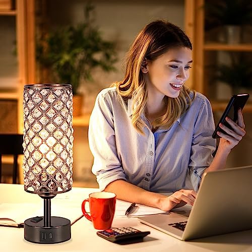 Hong-in Crystal Table Lamp Touch Control Set of 2, 3-Way Black Crystal Lamps with USB C+A Ports & AC Outlet, Dimmable Nightstand Desk Lamps,Modern Bedside Table Lamp for Bedroom(Bulbs Included)