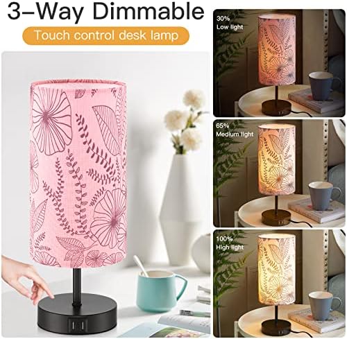 Bedside Table Lamp, Modern Touch Control Desk Lamp with 2 USB Ports & Round Flower Linen Fabric Shade, 3 Way Dimmable Small Nightstand Lamp for Bedroom Living Room Home Office Pink(LED Bulb Included)