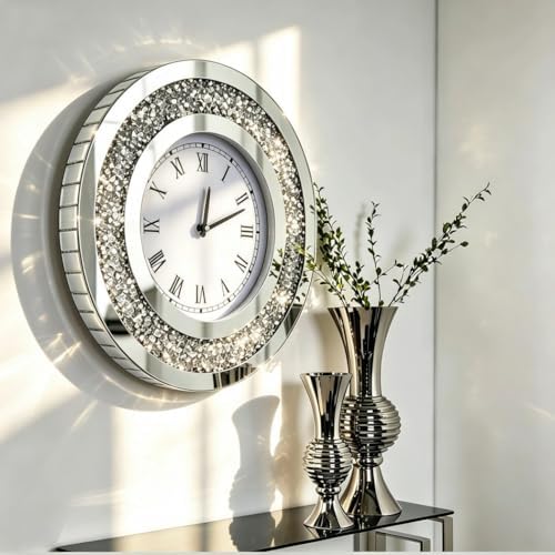 DMDFIRST Silver Round Mirror Clock 20x20inches Crystal Sparkle Twinkle Bling Crush Diamond Mirrored Large Wall Clock for Wall Decoration Silver Glass Mirror Home Décor. AA Battery is not Included.