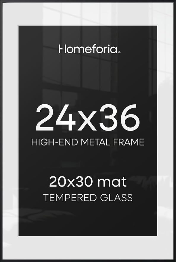 Homeforia 24x36 Black Poster Frame, High-End Metal, 20x30 Mat, Glass