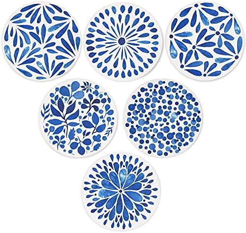 AD Set of 6 Coasters for Drinks Absorbing Round Ceramic Stone Coaster with Cork Base,Tabletop Protection Mat for Mugs and Cups,Office,Kitchen (Indigo Blue with Holder)