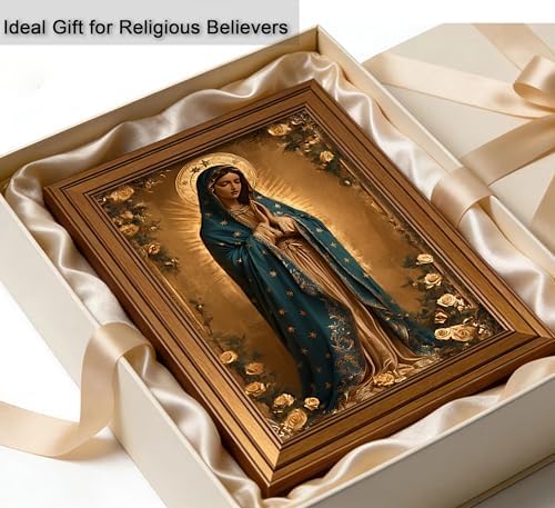 Vintage Gold Framed Virgin Mary Wall Art Lady of Guadalupe Portrait Canvas Prints Blessed Mother Catholic Picture Religious Beliefs Painting Poster Artwork for Living Room Church Prayer Room