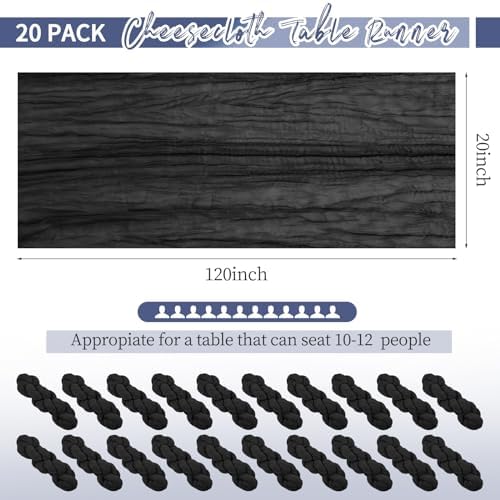 20 Pack Black Table Runner 10Ft Cheesecloth Table Runner Boho Long Cheese Cloth Table Runners Romantic Sheer Fabric Gauze Table Runners for Wedding Party Bridal Shower
