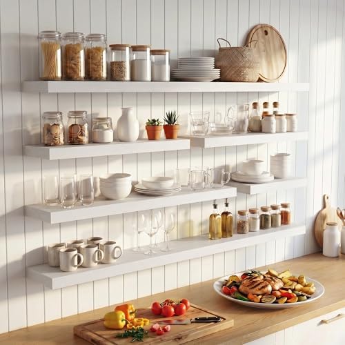 FLYJOE 20 Inch Floating Shelves for Wall Set of 2, 6.5" D Wood Grain Bathroom Shelves with Invisible Brackets, Easy Install Engineered Wood Storage Shelves for Kitchen, Living Room, Bedroom