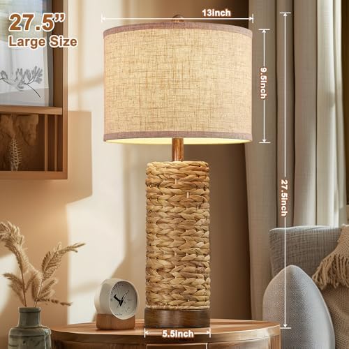 27.5'' Tall Natural Rattan Table Lamps Set of 2, Hand - Woven Wicker Lamp with Linen Shade, Rustic Coastal Boho Style Table Lamps for Bedroom, Living Room, Home Decor