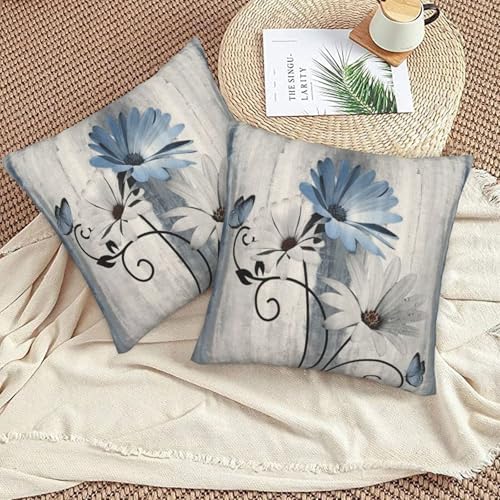 Baby Blue Floral Pillow Covers 20 x 20 Inch Set of 2 Daisy Floral Butterfly Decorative Throw Pillow Covers Linen Rustic Farmhouse Cushion Cases for Home Sofa Couch Living Room Decor