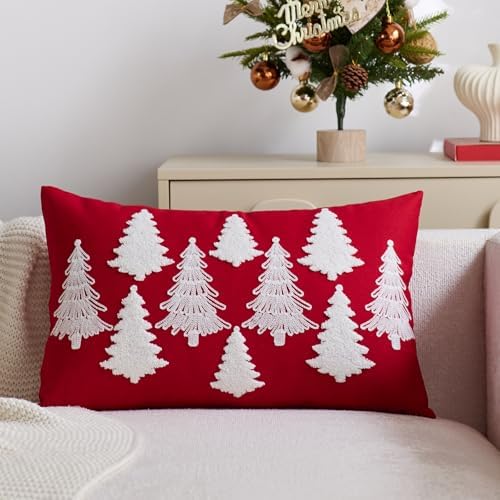 Red Christmas Pillow Covers 12x20 Inch Embroidery White Xmas Trees Decorative Lumbar Throw Pillow Cover Winter Holiday Pillow Case Cushion Cases for Sofa Couch Living Room Decorations