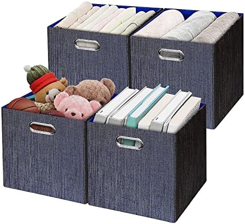 Posprica Storage Cube Basket Bins,13×13 Foldable Storage Containers for Shelf Cabinet Bookcase Boxes,Thick and Heavy Duty Fabric Drawer (4pcs, blue)