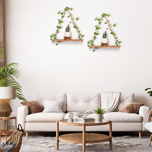 Hanging Shelves Set of 2- Macrame Shelf with Artificial Ivy Vines LED Light Warm White - Boho Shelves for Bedroom Bathroom Living Room - Rope Hanging Plant Shelf Wall Decor