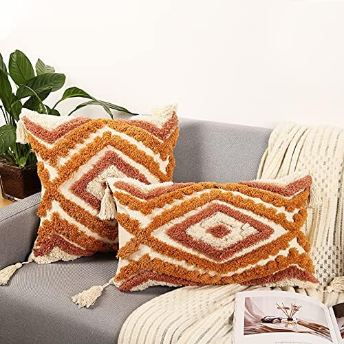 Merrycolor Boho Lumbar Throw Pillow Cover 12x20 inch,Bohemian Tufted Decorative Pillow Covers with Tassels for Couch Sofa Bedroom Living Room