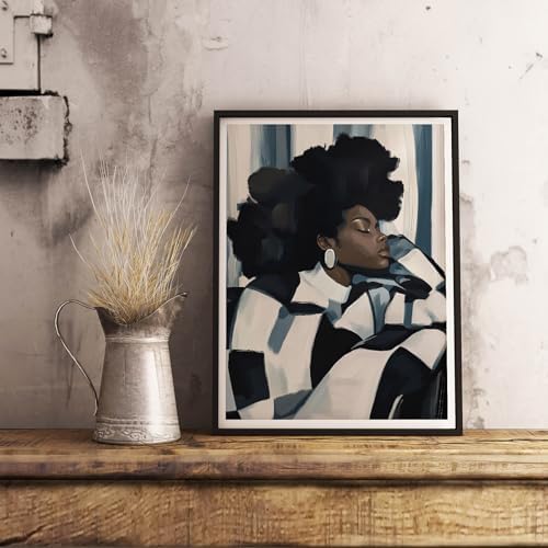 Black Woman Canvas Wall Art African American Wall Decor, 16"x24" Unframed | Abstract Black Girl Art Poster, Contemplative Afro Woman Portrait Painting Print, Feminine Energy Poster for Bedroom Decor