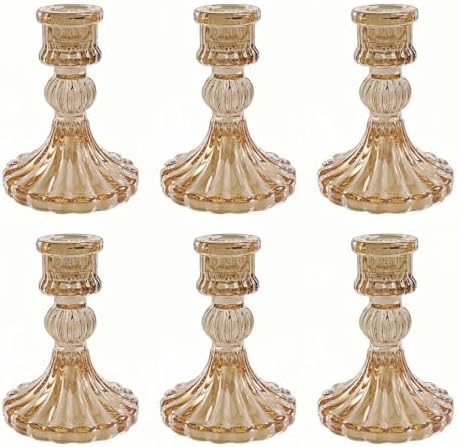 Amber Glass Candlestick Holders, Taper Candle Holders, Set of 6