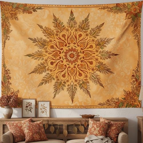 Accnicc Boho Mandala Floral Tapestry Vintage Bohemian Indian Tapestries for Bedroom Aesthetic Retro Orange Yellow Flower Small Tapestry Wall Hanging for Dorm Living Room Decor 48 x 36 Inch
