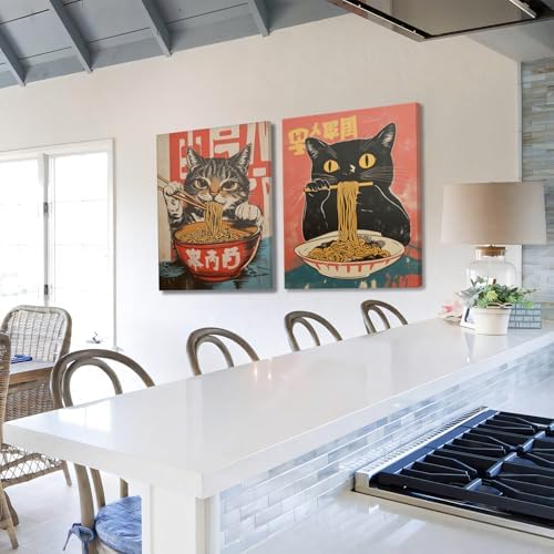 Framed Funny Black Cat Canvas Wall Art Set of 2, Vintage Japanese Cat Eating Ramen Poster, Unique Gifts and Animal Lover Printing Picture for Living Room Kitchen Dining Room Wall Decor 12x16in