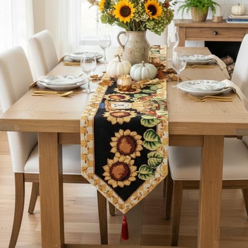 Tache Fall Table Runners 90 inches Long Sunflower Field Scarecrow Thanksgiving Table Runner Leaves Vintage Farm Harvest Table Runner Decorative Woven Black Yellow Tapestry Autumn Table Runner 13x90