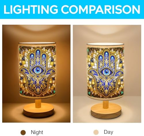 Hamsa Hand Table Lamp LED 3-Color Pressed Bedside, Hamsa Hand Shade Lamp with Wood Base for Bedroom Living Room Desk Office TL01