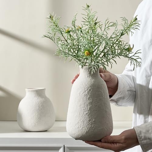 Ceramic Vase Set of 2 for Home Decor, 6.1"+8.23" Handcrafted Off-White Rustic Terracotta Vases, Vintage Farmhouse Decor, Minimalist Decorative Vases for Table Centerpiece Fireplace Nightstand