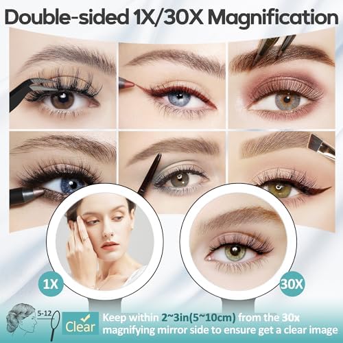 B Beauty Planet Magnifying Mirror with Light 30X, Double-Sided 1X/ 30X Magnifying Makeup Mirror with Tweezer, 2000mAh 3 Colour Modes with Adjustable Brightness,Foldable Compact Travel Mirror(Black)