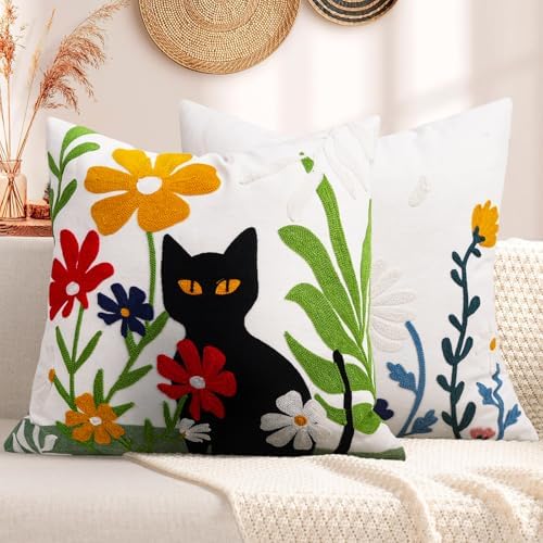 Merrycolor Embroidered Pillow Covers 18x18 Black Cat and Flower Pattern Decorative Throw Pillow Covers Comfortable Cotton Canvas Square Couch Cushion Cases for Sofa Bed Living Room Decor