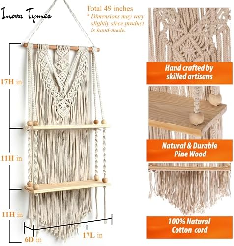 Macrame Wall Hanging Shelf - Boho Shelves Bedroom Decor | Macrame Wall Decor for Kitchen, Plant Hanger Shelves, Woven Rope Floating Shelves & Home Storage Organizer - 2 Tier