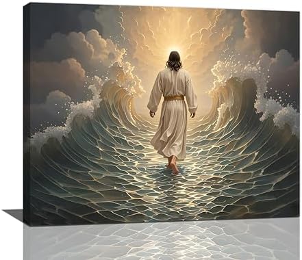 Jesus Walking on Water Wall Art Jesus Christian Spiritual Wall Decor Pictures Bible Story Canvas Prints Painting God Faith Artwork Decoration for Bathroom Bedroom Living Room Framed Gifts 16"x20"