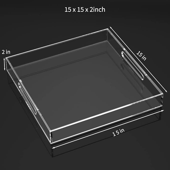 NIUBEE Clear Serving Tray 15x15 Inches - Acrylic Tray Organizer with Handle