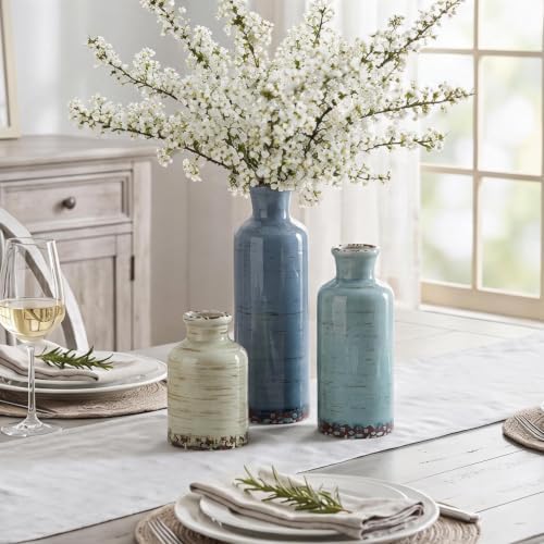 Vintage Ceramic Flower Vase Set of 3, Rustic Farmhouse Vase for Home Decor, Distressed Decorative Vase for Table Entryway Mantel Centerpiece Living Room Bathroom Bedroom (Pale Teal Wood)