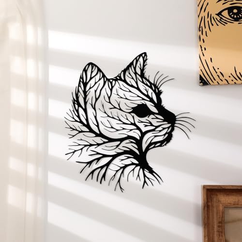 Otoolling Cat Tree Wall Art Silhouette Black Cat Wall Decor Metal Geometric Animal Art for Living Room Above TV Home Decoration, 10.2 x 10 Inch(Classic)