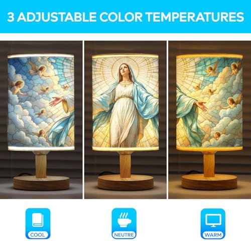 The Merciful Virgin Mary Table Lamp LED 3-Color Pressed Bedside, The Merciful Virgin Mary Shade Lamp with Wood Base for Bedroom Living Room Desk Office TL01