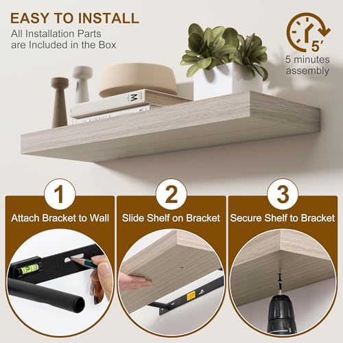 Fun Memories Floating Shelves for Wall, 40Inch Floating Shelves Set of 2, Hanging Shelf with Invisible Brackets, Wood Shelves for Living Room, Bedroom, Kitchen, Grey